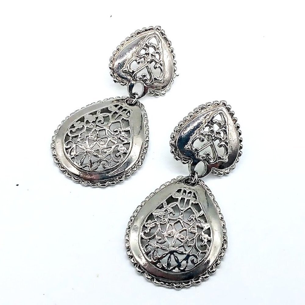 Silver Finish Filigree Drop Pierced Earrings